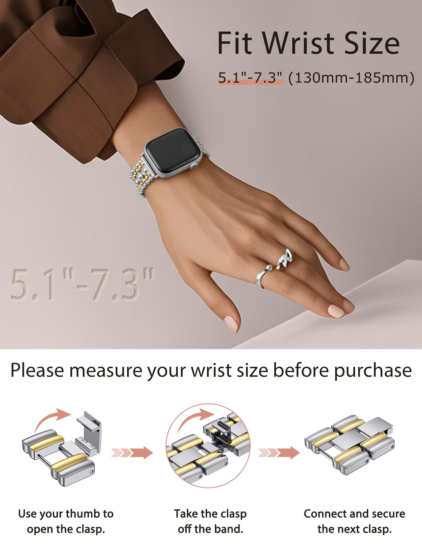 Minyee Compatible with Apple Watch Band 42/41/40/38/44/45/46/49mm Women, Dressy Pretty Stainless Steel Metal Strap Design Adjustable Studded Link Bracelet for iWatch Series 10 9 Ultra SE 8 7 6 5 4 3