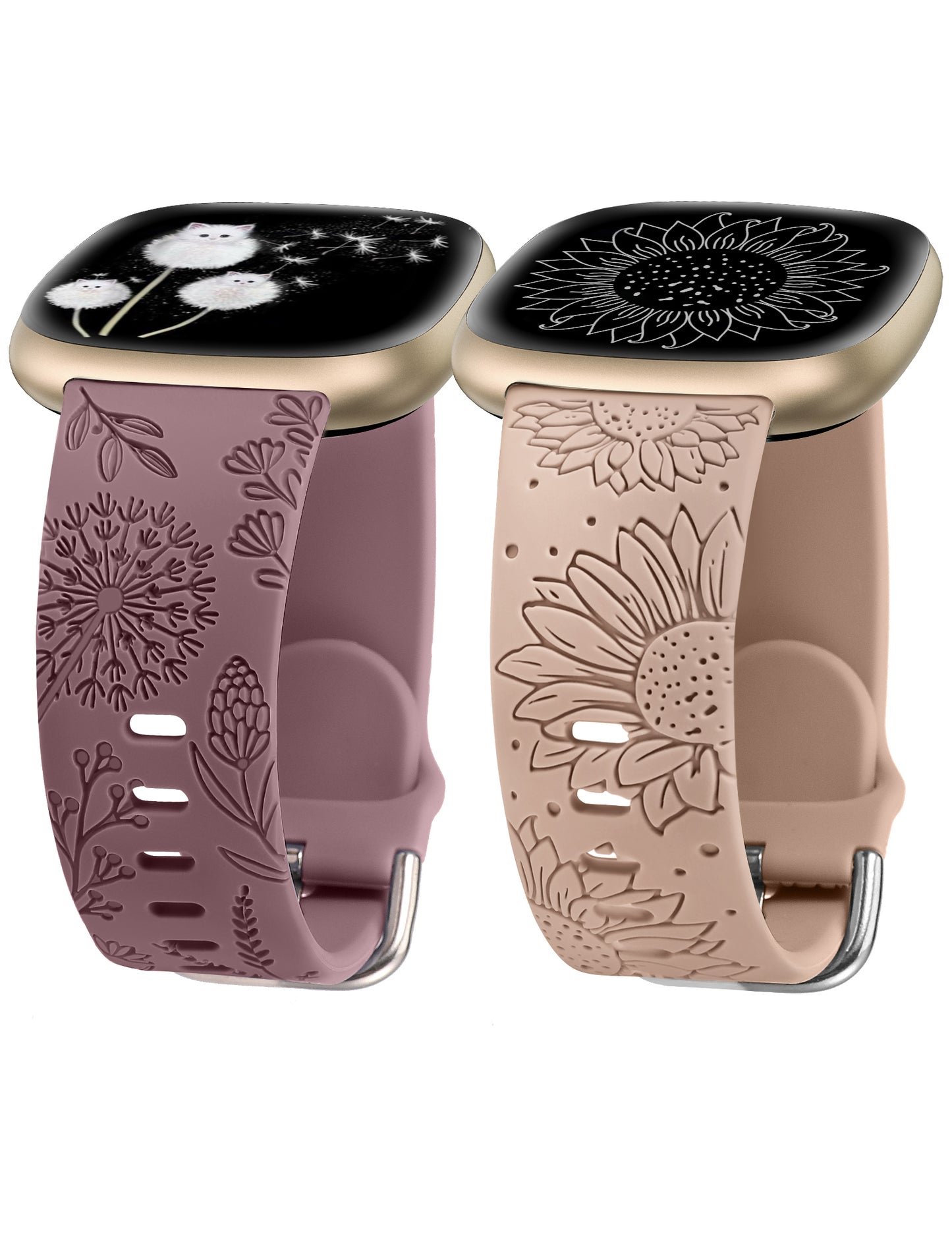 Minyee 2 Packs Floral Engraved Band Compatible with Fitbit Versa 4/Versa 3/Sense 2/Sense Band Women, Cute Silicone Dandelion Sunflower Design Soft Sport Fancy Summer Strap for Versa 4
