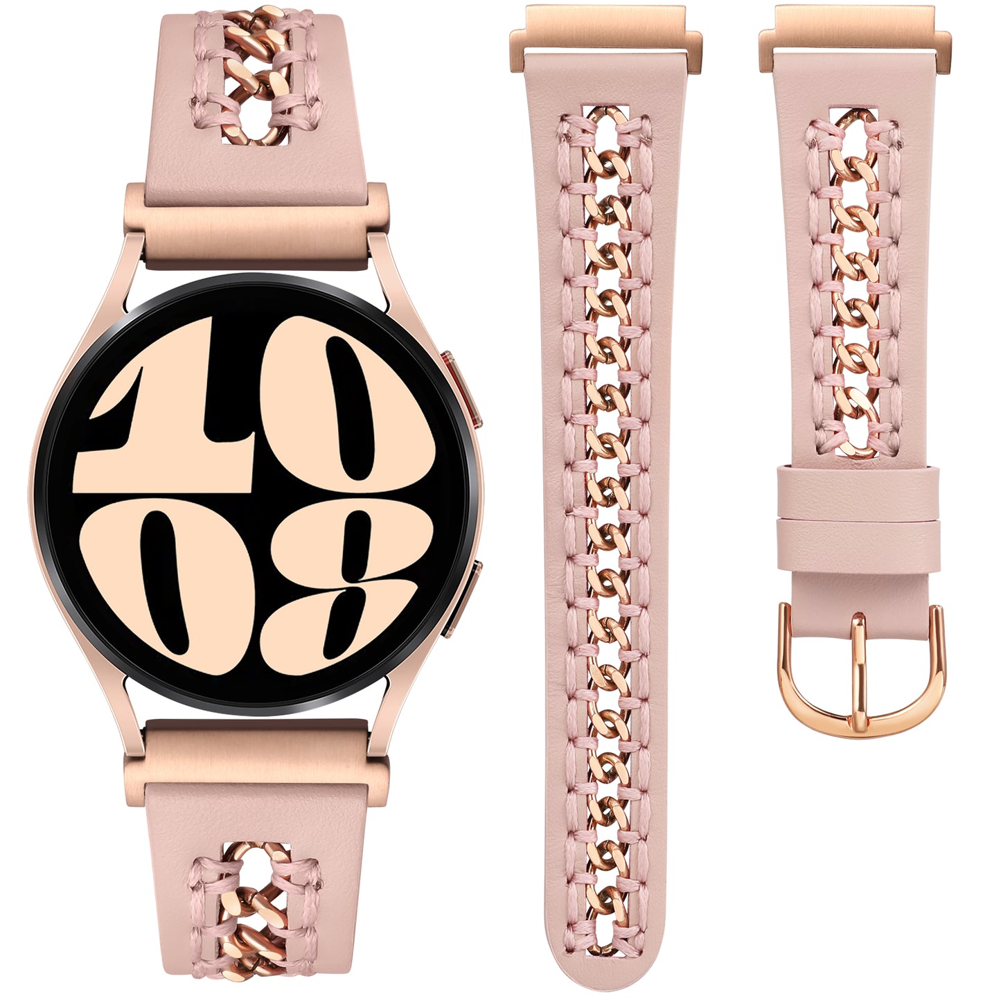 Minyee Leather Band Compatible with Samsung Galaxy Watch 7/6/5/4/FE/Active 2 40mm 44mm/Watch 6 Classic 43/47mm/Watch 5 Pro 45mm Bands, 20mm Dressy Leather Strap with Stainless Steel Metal Chain Women