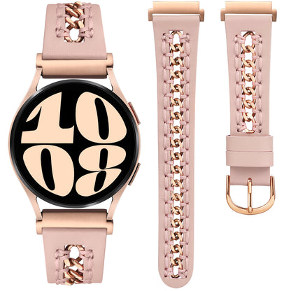 Minyee Leather Band Compatible with Samsung Galaxy Watch 7/6/5/4/FE/Active 2 40mm 44mm/Watch 6 Classic 43/47mm/Watch 5 Pro 45mm Bands, 20mm Dressy Leather Strap with Stainless Steel Metal Chain Women