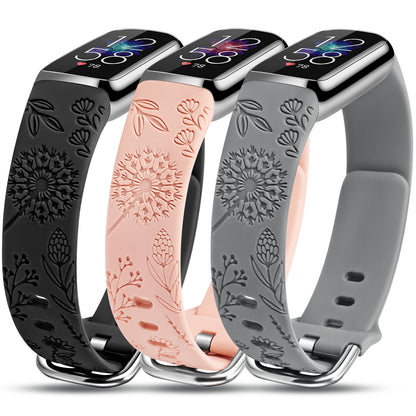 Minyee 3 Packs Compatible with Fitbit Luxe Bands for Women Soft Silicone Floral Engraved Sport Strap Dandelion Wristband Replacement for Fitbit Luxe Watch Bands/Luxe Special Edition Fitness Tracker
