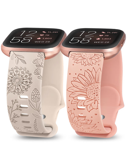 Minyee 2 Packs Floral Engraved Band Compatible with Fitbit Versa 2/Fitbit Versa/Versa Lite Bands Women, Cute Soft Silicone Sunflower Dandelion Sport Designer Fancy Summer Strap for Versa 2 Smart Watch
