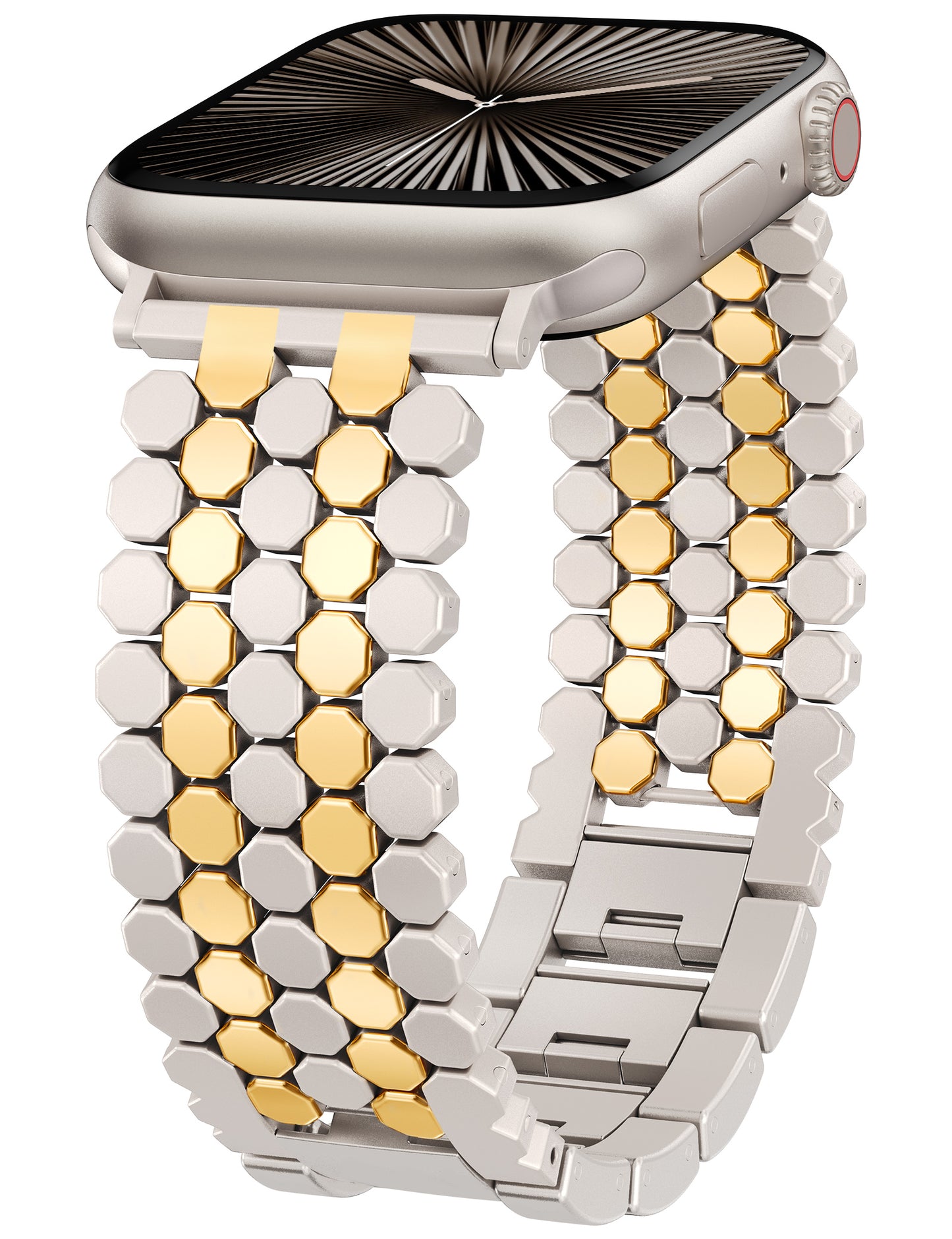 Minyee Compatible with Apple Watch Band 41/40/38/44/45/46/49/42mm Women, Dressy Honeycomb Metal Pretty Strap Designer Gold Silver Link Bracelet Wristband for iWatch Series 10 9 8 7 6 5 4 3 Ultra SE