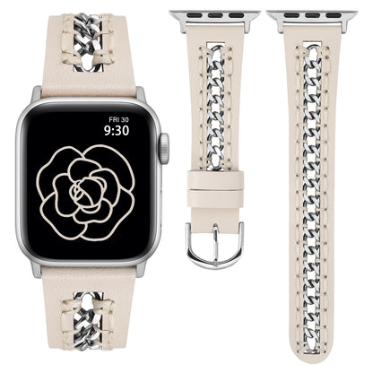 Minyee Leather Band Compatible with Apple Watch Bands 38/40/41/42/44/45/46/49mm Women,Dressy Premium Leather Strap with Stainless Steel Metal Chain for iWatch Ultra 2 Series 10/9/8/7/6/5/4/3/2/1/SE