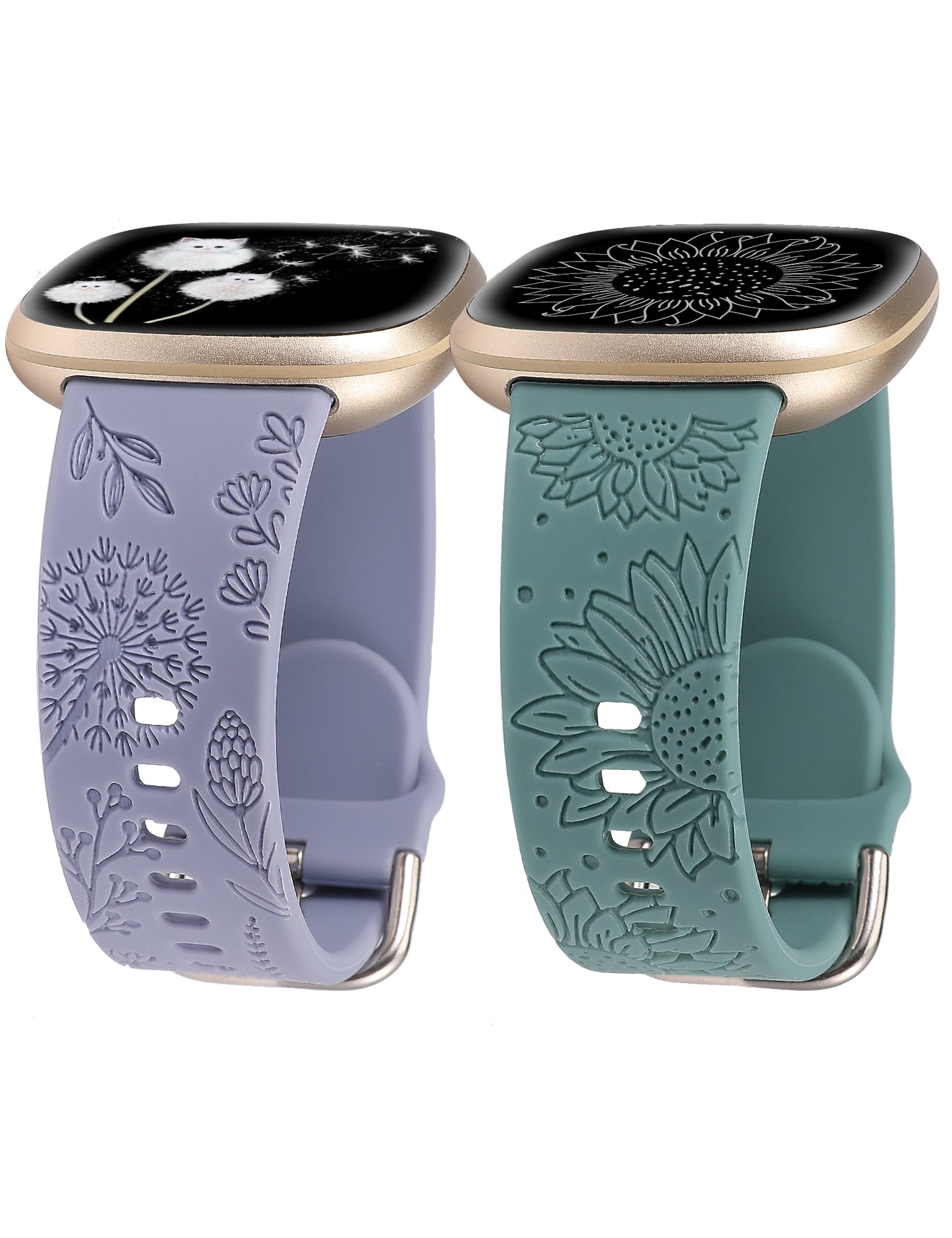 Minyee 2 Packs Floral Engraved Band Compatible with Fitbit Versa 4/Versa 3/Sense 2/Sense Band Women, Cute Silicone Dandelion Sunflower Design Soft Sport Fancy Summer Strap for Versa 4