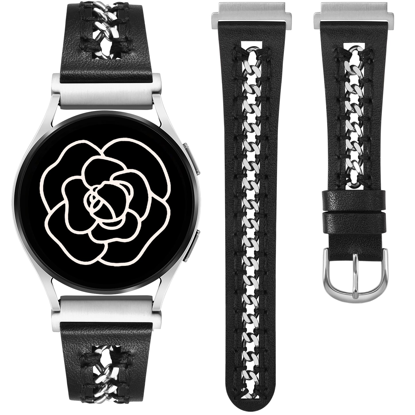 Minyee Leather Band Compatible with Samsung Galaxy Watch 7/6/5/4/FE/Active 2 40mm 44mm/Watch 6 Classic 43/47mm/Watch 5 Pro 45mm Bands, 20mm Dressy Leather Strap with Stainless Steel Metal Chain Women