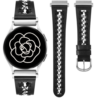 Minyee Leather Band Compatible with Samsung Galaxy Watch 7/6/5/4/FE/Active 2 40mm 44mm/Watch 6 Classic 43/47mm/Watch 5 Pro 45mm Bands, 20mm Dressy Leather Strap with Stainless Steel Metal Chain Women