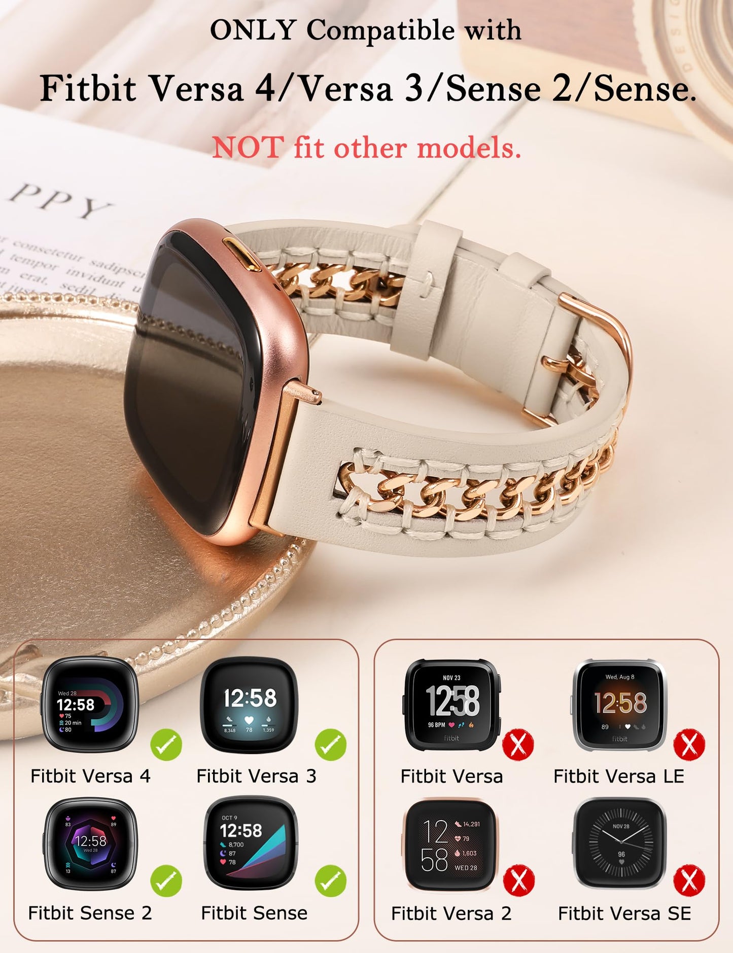 Minyee Leather Band Compatible with Fitbit Versa 4/3/Fitbit Sense 2/1 Bands Women, Dressy Premium Leather Designer Strap with Stainless Steel Metal Chain for Versa 3 4 Sense 2 Smartwatch