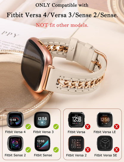 Minyee Leather Band Compatible with Fitbit Versa 4/3/Fitbit Sense 2/1 Bands Women, Dressy Premium Leather Designer Strap with Stainless Steel Metal Chain for Versa 3 4 Sense 2 Smartwatch