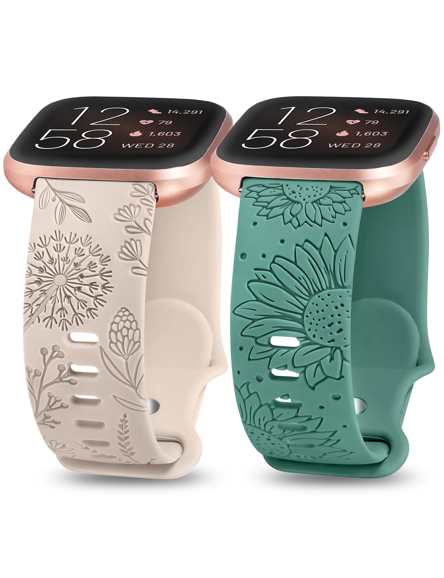 Minyee 2 Packs Floral Engraved Band Compatible with Fitbit Versa 2/Fitbit Versa/Versa Lite Bands Women, Cute Soft Silicone Sunflower Dandelion Sport Designer Fancy Summer Strap for Versa 2 Smart Watch
