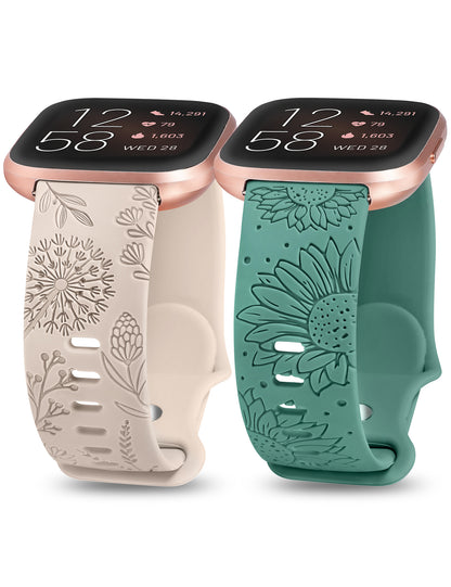 Minyee 2 Packs Floral Engraved Band Compatible with Fitbit Versa 2/Fitbit Versa/Versa Lite Bands Women, Cute Soft Silicone Sunflower Dandelion Sport Designer Fancy Summer Strap for Versa 2 Smart Watch