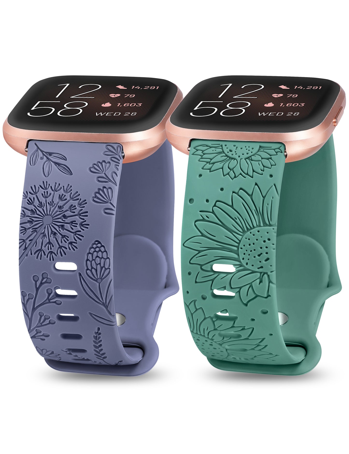 Minyee 2 Packs Floral Engraved Band Compatible with Fitbit Versa 2/Fitbit Versa/Versa Lite Bands Women, Cute Soft Silicone Sunflower Dandelion Sport Designer Fancy Summer Strap for Versa 2 Smart Watch