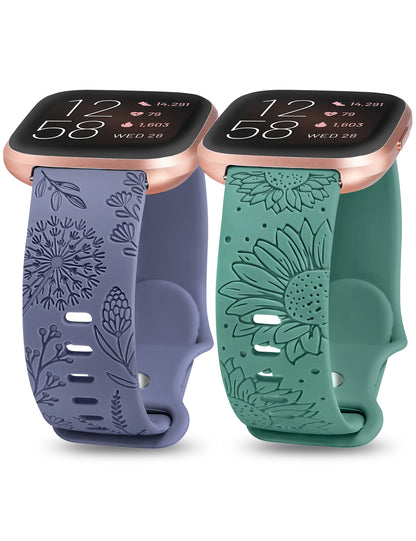 Minyee 2 Packs Floral Engraved Band Compatible with Fitbit Versa 2/Fitbit Versa/Versa Lite Bands Women, Cute Soft Silicone Sunflower Dandelion Sport Designer Fancy Summer Strap for Versa 2 Smart Watch