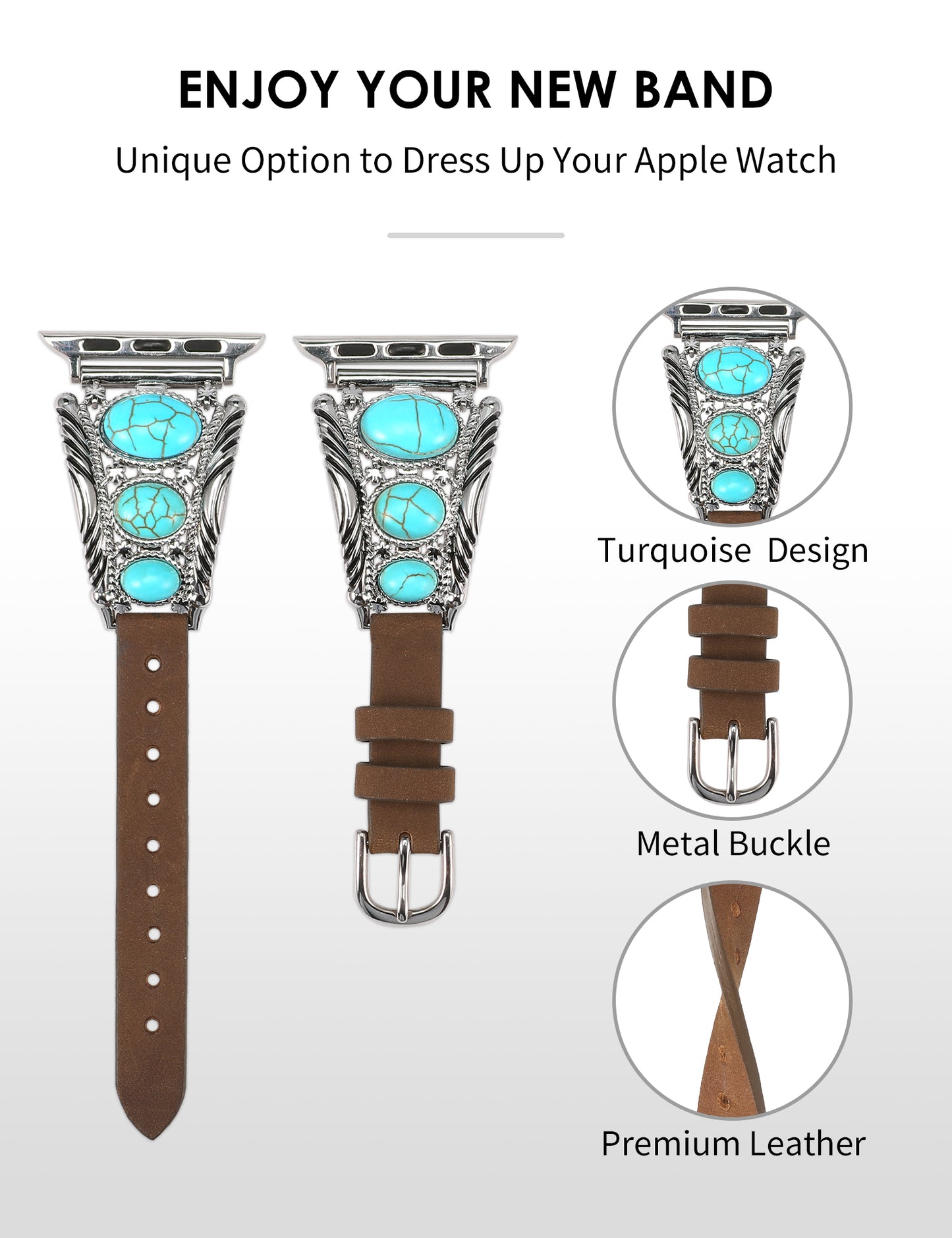 Minyee Leather Band Compatible with Apple Watch Band Women 42/46/38/40/41/44/45/49mm, Boho Western Turquoise Vintage Cowboy Retro Jewelry Adjustable Strap for iWatch Series 10 9 SE 8 7 6 5 4 3 Ultra