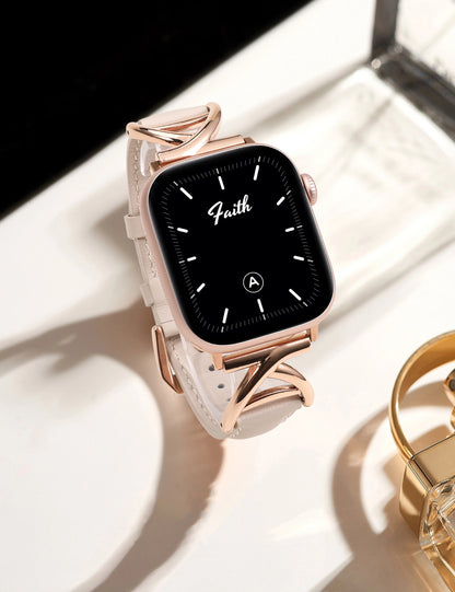 Minyee Leather Band Compatible with Apple Watch Bands 38/40/41/42/44/45/46/49mm Women, Slim Dressy Premium Leather Strap with A-Shape Metal Buckle for iWatch Series 10 9 Ultra SE 8 7 6 5 4 3 2 1