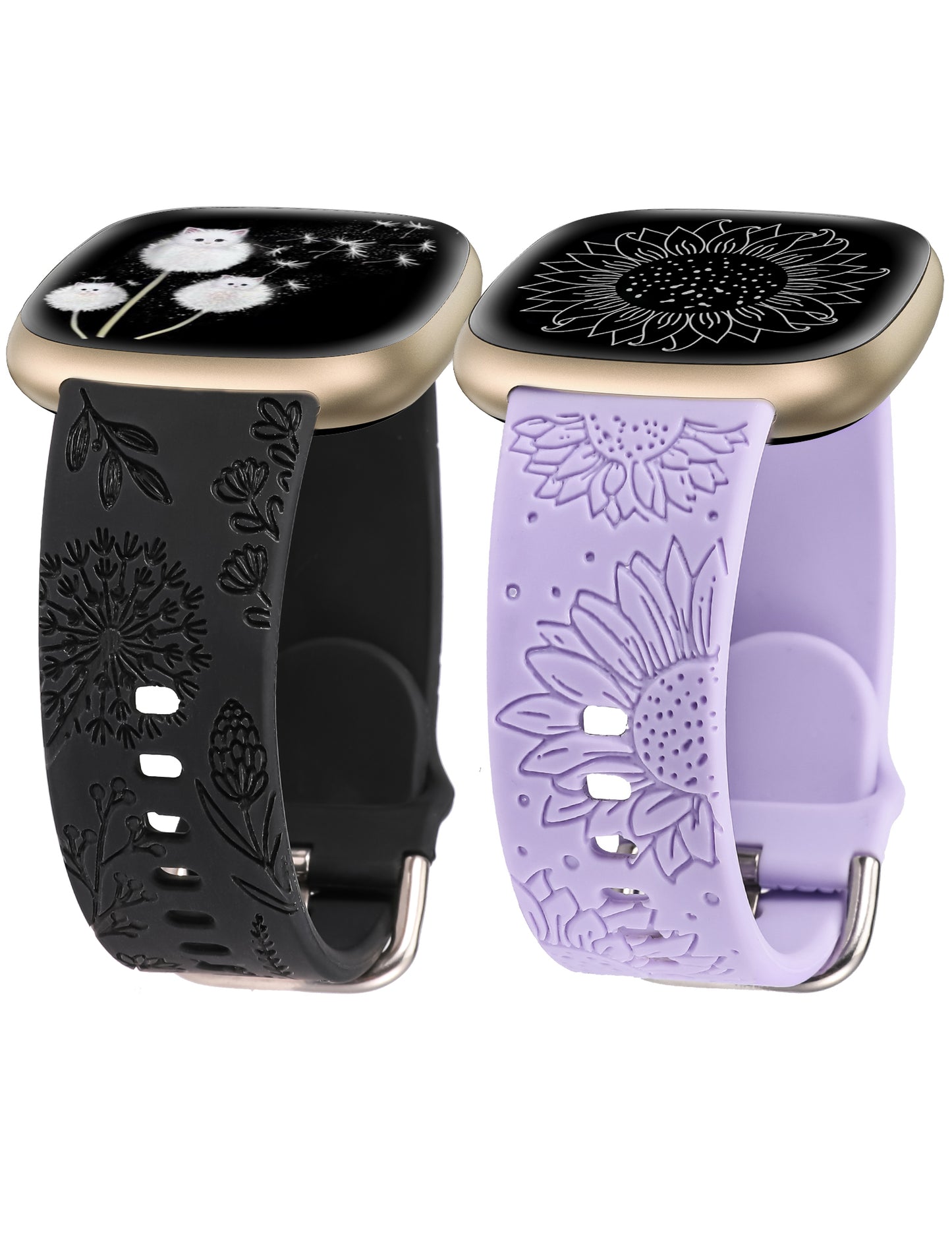 Minyee 2 Packs Floral Engraved Band Compatible with Fitbit Versa 4/Versa 3/Sense 2/Sense Band Women, Cute Silicone Dandelion Sunflower Design Soft Sport Fancy Summer Strap for Versa 4