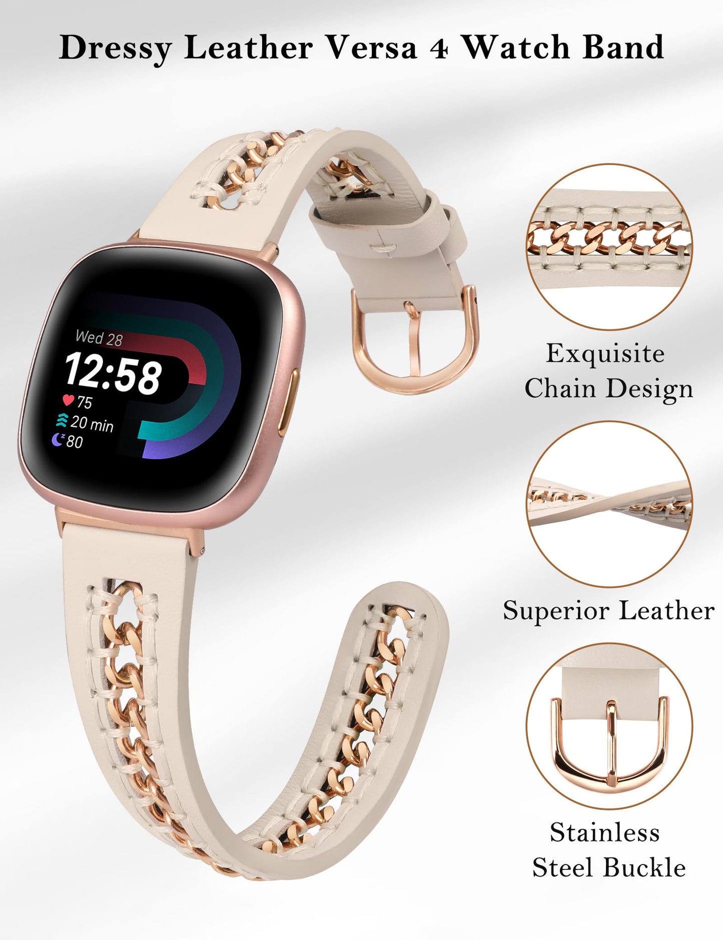 Minyee Leather Band Compatible with Fitbit Versa 4/3/Fitbit Sense 2/1 Bands Women, Dressy Premium Leather Designer Strap with Stainless Steel Metal Chain for Versa 3 4 Sense 2 Smartwatch