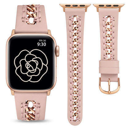 Minyee Leather Band Compatible with Apple Watch Bands 38/40/41/42/44/45/46/49mm Women,Dressy Premium Leather Strap with Stainless Steel Metal Chain for iWatch Ultra 2 Series 10/9/8/7/6/5/4/3/2/1/SE