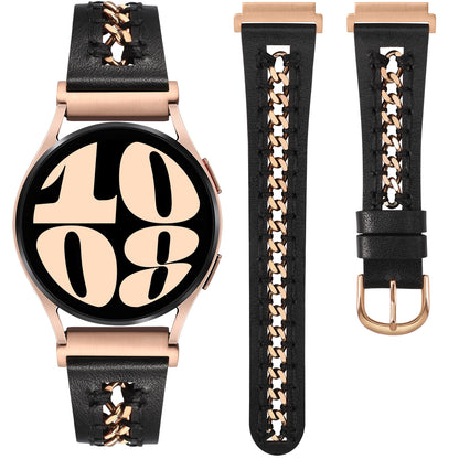 Minyee Leather Band Compatible with Samsung Galaxy Watch 7/6/5/4/FE/Active 2 40mm 44mm/Watch 6 Classic 43/47mm/Watch 5 Pro 45mm Bands, 20mm Dressy Leather Strap with Stainless Steel Metal Chain Women