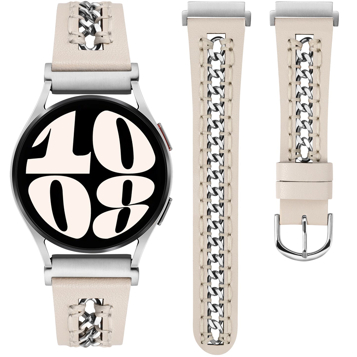 Minyee Leather Band Compatible with Samsung Galaxy Watch 7/6/5/4/FE/Active 2 40mm 44mm/Watch 6 Classic 43/47mm/Watch 5 Pro 45mm Bands, 20mm Dressy Leather Strap with Stainless Steel Metal Chain Women