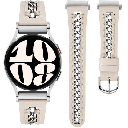 Minyee Leather Band Compatible with Samsung Galaxy Watch 7/6/5/4/FE/Active 2 40mm 44mm/Watch 6 Classic 43/47mm/Watch 5 Pro 45mm Bands, 20mm Dressy Leather Strap with Stainless Steel Metal Chain Women