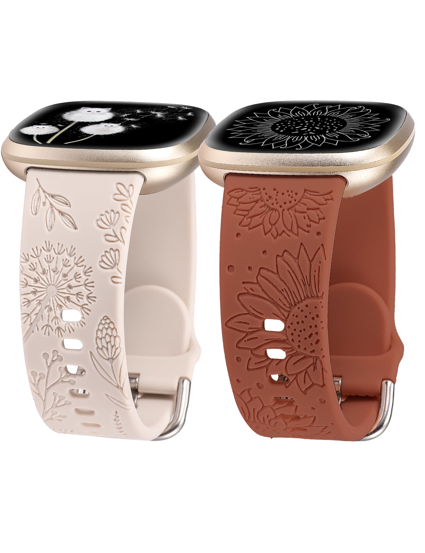 Minyee 2 Packs Floral Engraved Band Compatible with Fitbit Versa 4/Versa 3/Sense 2/Sense Band Women, Cute Silicone Dandelion Sunflower Design Soft Sport Fancy Summer Strap for Versa 4