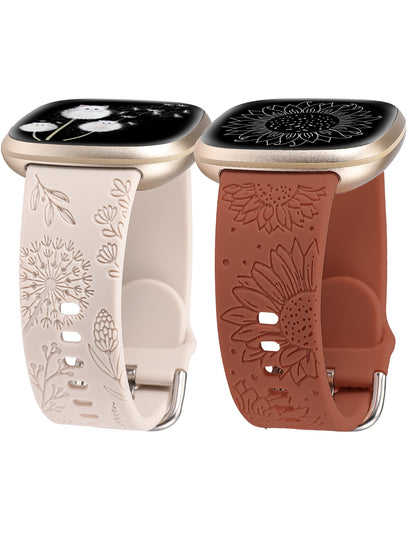 Minyee 2 Packs Floral Engraved Band Compatible with Fitbit Versa 4/Versa 3/Sense 2/Sense Band Women, Cute Silicone Dandelion Sunflower Design Soft Sport Fancy Summer Strap for Versa 4