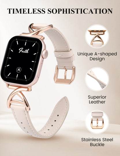 Minyee Leather Band Compatible with Apple Watch Bands 38/40/41/42/44/45/46/49mm Women, Slim Dressy Premium Leather Strap with A-Shape Metal Buckle for iWatch Series 10 9 Ultra SE 8 7 6 5 4 3 2 1