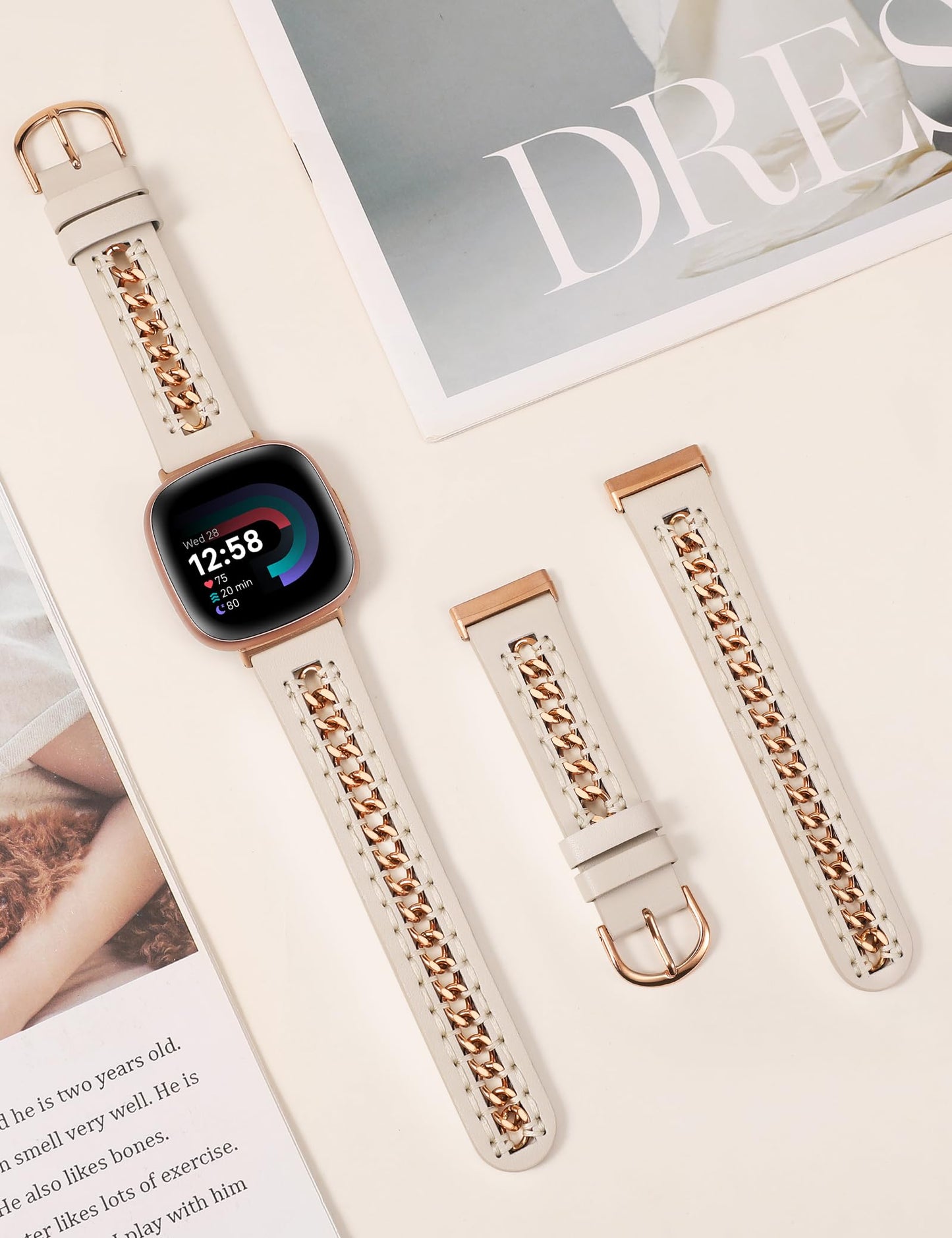 Minyee Leather Band Compatible with Fitbit Versa 4/3/Fitbit Sense 2/1 Bands Women, Dressy Premium Leather Designer Strap with Stainless Steel Metal Chain for Versa 3 4 Sense 2 Smartwatch