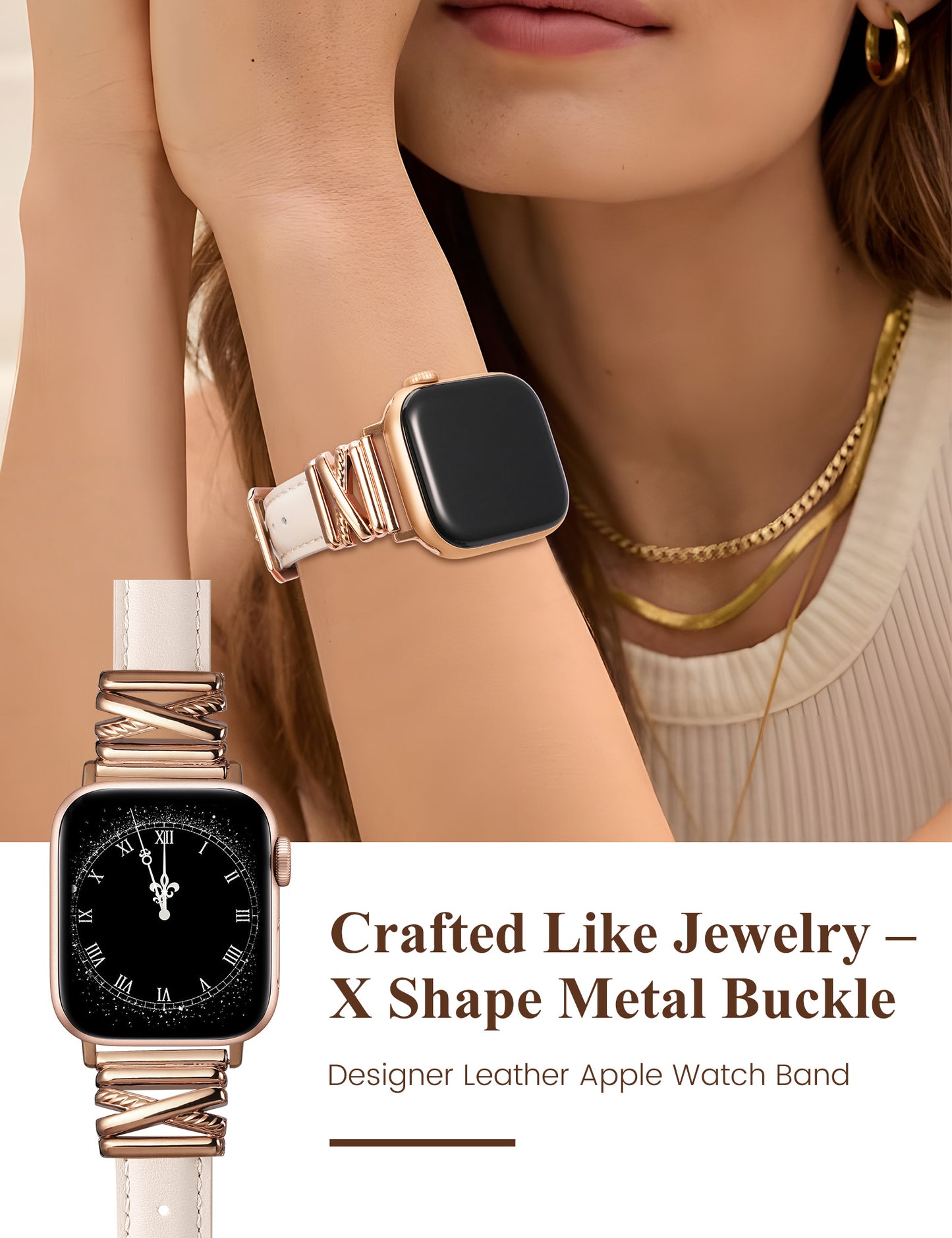 Minyee Leather Bands Compatible with Apple Watch 38/40/41/42/44/45/46/49mm Women, Dressy Slim Premium Leather Strap with Designer X-Shape Metal Buckle for iWatch Series 10 9 Ultra SE 8 7 6 5 4 3 2 1