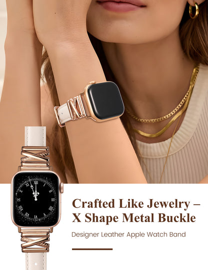 Minyee Leather Bands Compatible with Apple Watch 38/40/41/42/44/45/46/49mm Women, Dressy Slim Premium Leather Strap with Designer X-Shape Metal Buckle for iWatch Series 10 9 Ultra SE 8 7 6 5 4 3 2 1