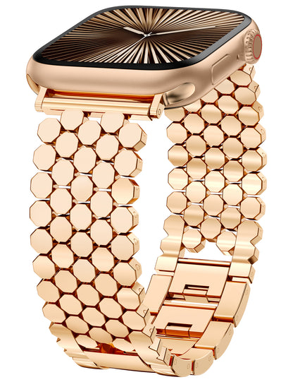 Minyee Compatible with Apple Watch Band 41/40/38/44/45/46/49/42mm Women, Dressy Honeycomb Metal Pretty Strap Designer Gold Silver Link Bracelet Wristband for iWatch Series 10 9 8 7 6 5 4 3 Ultra SE