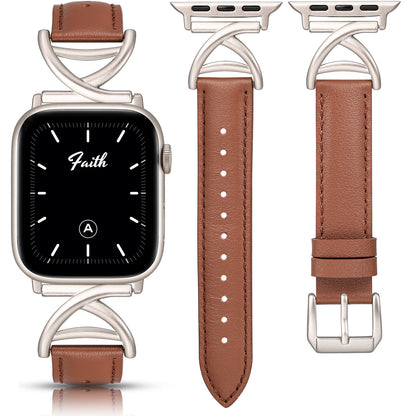 Minyee Leather Band Compatible with Apple Watch Bands 38/40/41/42/44/45/46/49mm Women, Slim Dressy Premium Leather Strap with A-Shape Metal Buckle for iWatch Series 10 9 Ultra SE 8 7 6 5 4 3 2 1