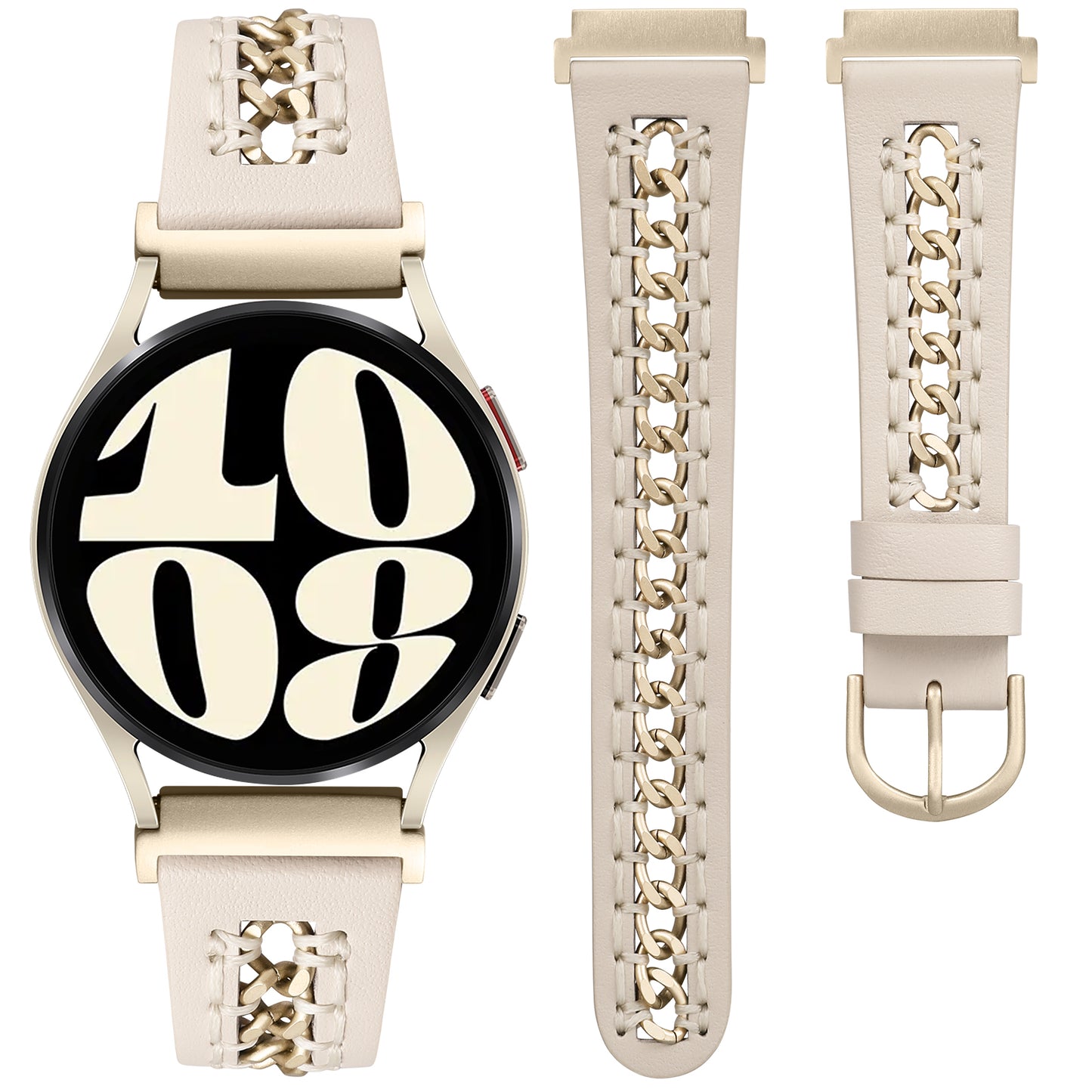 Minyee Leather Band Compatible with Samsung Galaxy Watch 7/6/5/4/FE/Active 2 40mm 44mm/Watch 6 Classic 43/47mm/Watch 5 Pro 45mm Bands, 20mm Dressy Leather Strap with Stainless Steel Metal Chain Women