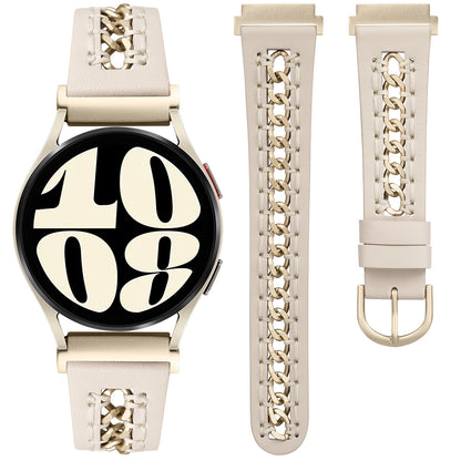 Minyee Leather Band Compatible with Samsung Galaxy Watch 7/6/5/4/FE/Active 2 40mm 44mm/Watch 6 Classic 43/47mm/Watch 5 Pro 45mm Bands, 20mm Dressy Leather Strap with Stainless Steel Metal Chain Women