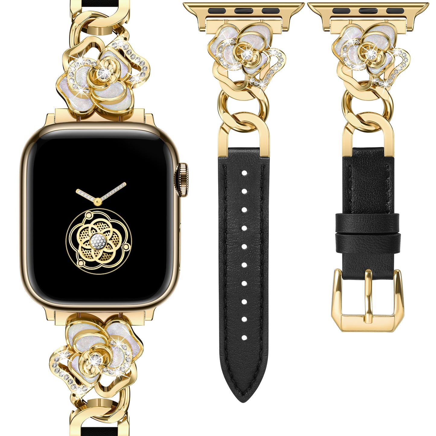 Minyee Compatible with Apple Watch Band 41/40/38/44/45/46/49/42mm Women, Dressy Slim Elegant Leather Metal Link Chain Strap with Bling Camellia Charms for iWatch Ultra 2 Series 10/9/8/7/6/5/4/3/2/1/SE