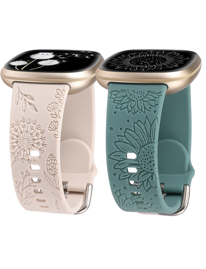 Minyee 2 Packs Floral Engraved Band Compatible with Fitbit Versa 4/Versa 3/Sense 2/Sense Band Women, Cute Silicone Dandelion Sunflower Design Soft Sport Fancy Summer Strap for Versa 4