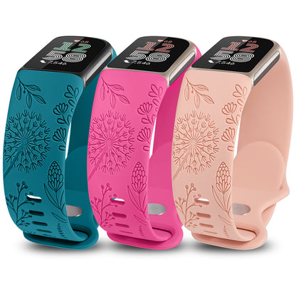 Minyee 3 Packs Floral Engraved Band Compatible with Fitbit Charge 6 Bands/Fitbit Charge 5 Bands Women, Cute Soft Silicone Dandelion Flower Pattern Sport Designer Fancy Summer Strap for Charge 6/5