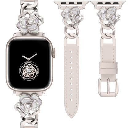 Minyee Compatible with Apple Watch Band 41/40/38/44/45/46/49/42mm Women, Dressy Slim Elegant Leather Metal Link Chain Strap with Bling Camellia Charms for iWatch Ultra 2 Series 10/9/8/7/6/5/4/3/2/1/SE