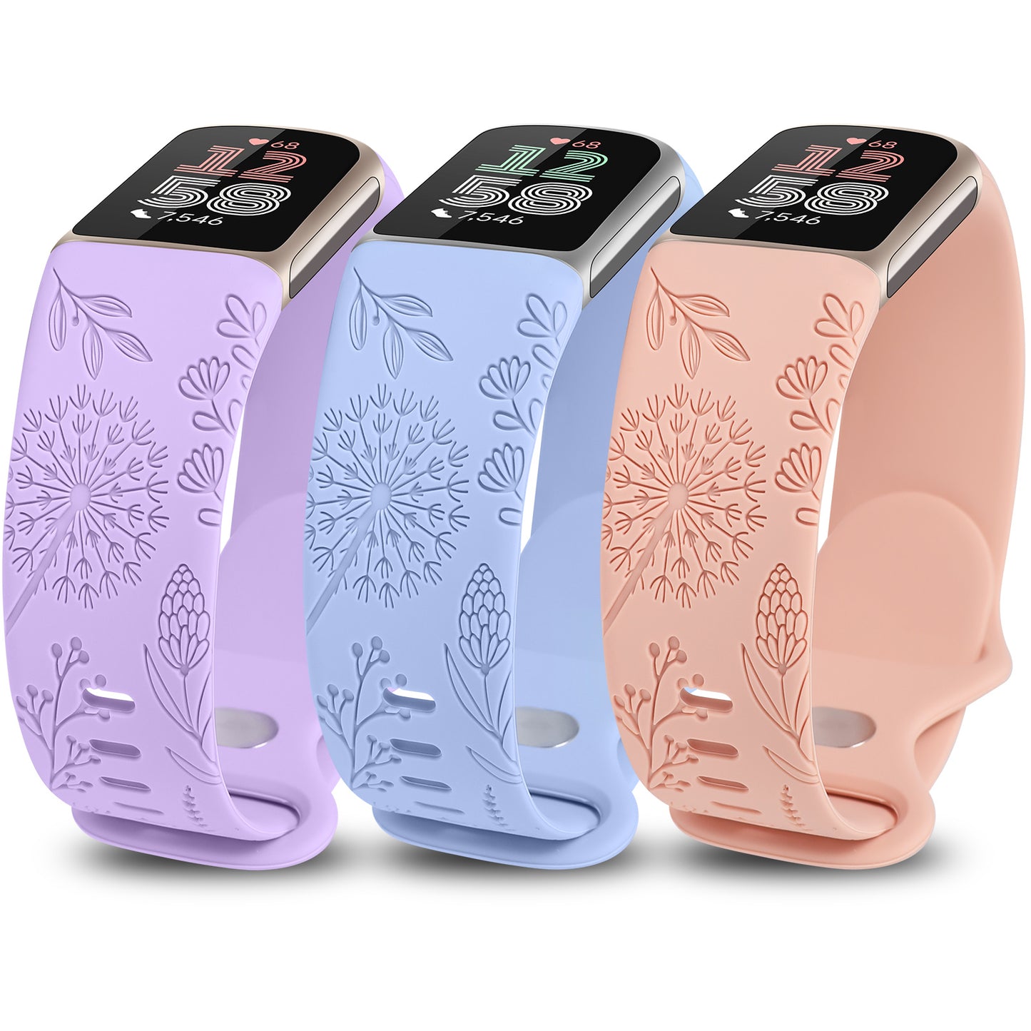 Minyee 3 Packs Floral Engraved Band Compatible with Fitbit Charge 6 Bands/Fitbit Charge 5 Bands Women, Cute Soft Silicone Dandelion Flower Pattern Sport Designer Fancy Summer Strap for Charge 6/5