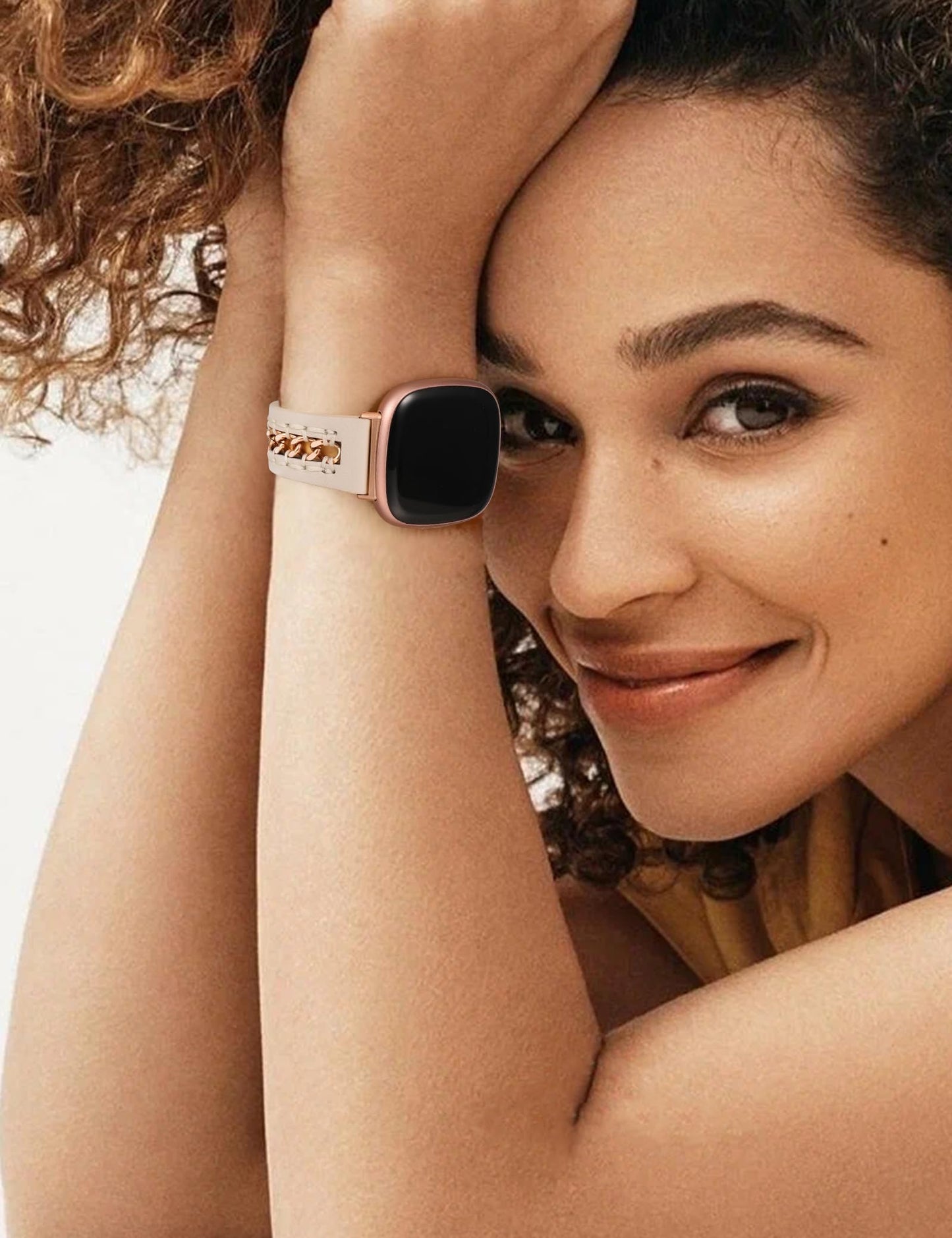 Minyee Leather Band Compatible with Fitbit Versa 4/3/Fitbit Sense 2/1 Bands Women, Dressy Premium Leather Designer Strap with Stainless Steel Metal Chain for Versa 3 4 Sense 2 Smartwatch