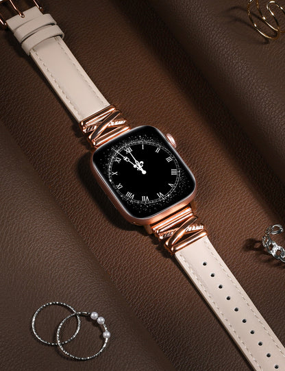 Minyee Leather Bands Compatible with Apple Watch 38/40/41/42/44/45/46/49mm Women, Dressy Slim Premium Leather Strap with Designer X-Shape Metal Buckle for iWatch Series 10 9 Ultra SE 8 7 6 5 4 3 2 1