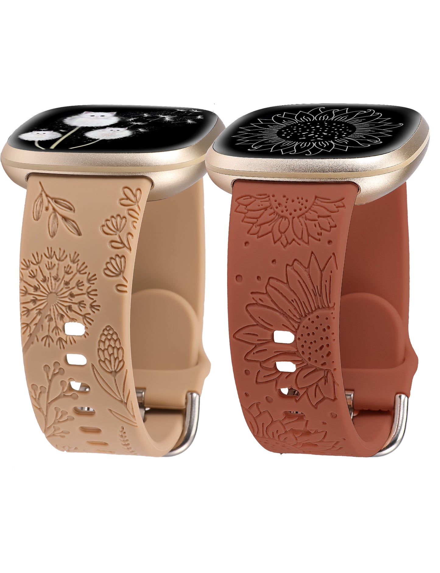 Minyee 2 Packs Floral Engraved Band Compatible with Fitbit Versa 4/Versa 3/Sense 2/Sense Band Women, Cute Silicone Dandelion Sunflower Design Soft Sport Fancy Summer Strap for Versa 4