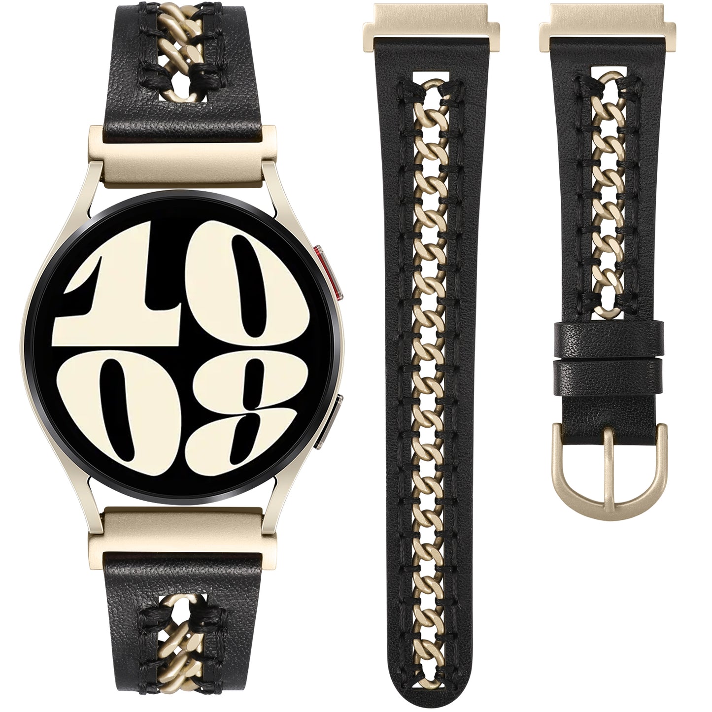 Minyee Leather Band Compatible with Samsung Galaxy Watch 7/6/5/4/FE/Active 2 40mm 44mm/Watch 6 Classic 43/47mm/Watch 5 Pro 45mm Bands, 20mm Dressy Leather Strap with Stainless Steel Metal Chain Women