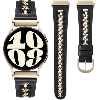 Minyee Leather Band Compatible with Samsung Galaxy Watch 7/6/5/4/FE/Active 2 40mm 44mm/Watch 6 Classic 43/47mm/Watch 5 Pro 45mm Bands, 20mm Dressy Leather Strap with Stainless Steel Metal Chain Women