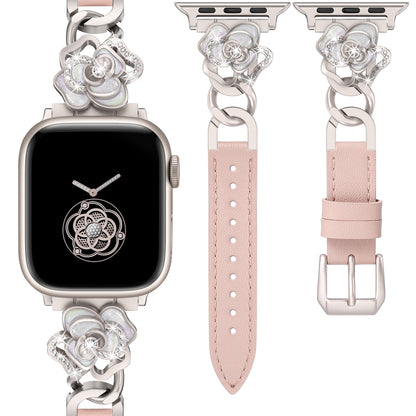 Minyee Compatible with Apple Watch Band 41/40/38/44/45/46/49/42mm Women, Dressy Slim Elegant Leather Metal Link Chain Strap with Bling Camellia Charms for iWatch Ultra 2 Series 10/9/8/7/6/5/4/3/2/1/SE