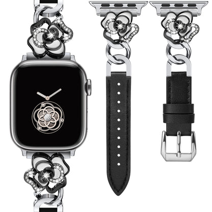 Minyee Compatible with Apple Watch Band 41/40/38/44/45/46/49/42mm Women, Dressy Slim Elegant Leather Metal Link Chain Strap with Bling Camellia Charms for iWatch Ultra 2 Series 10/9/8/7/6/5/4/3/2/1/SE