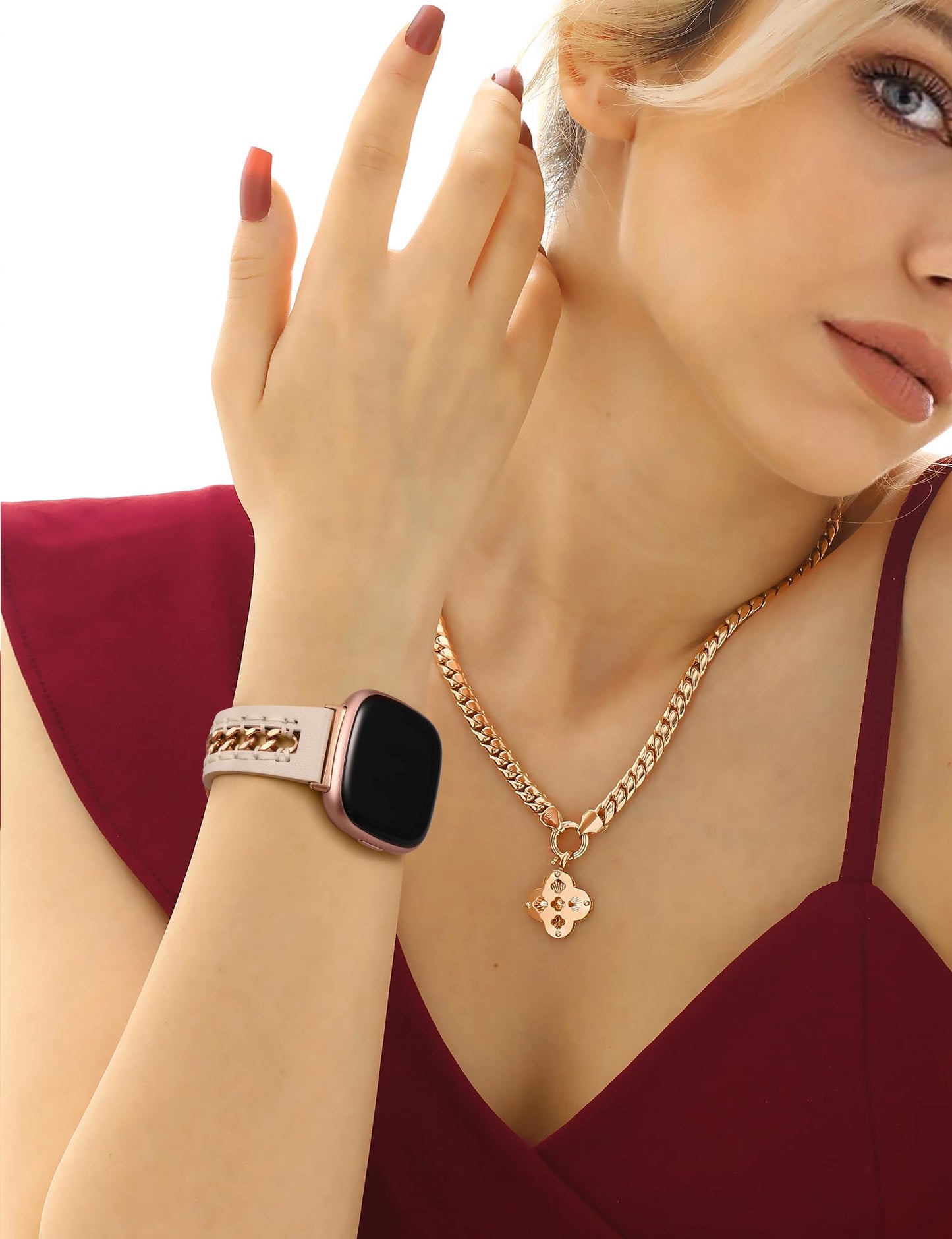 Minyee Leather Band Compatible with Fitbit Versa 4/3/Fitbit Sense 2/1 Bands Women, Dressy Premium Leather Designer Strap with Stainless Steel Metal Chain for Versa 3 4 Sense 2 Smartwatch