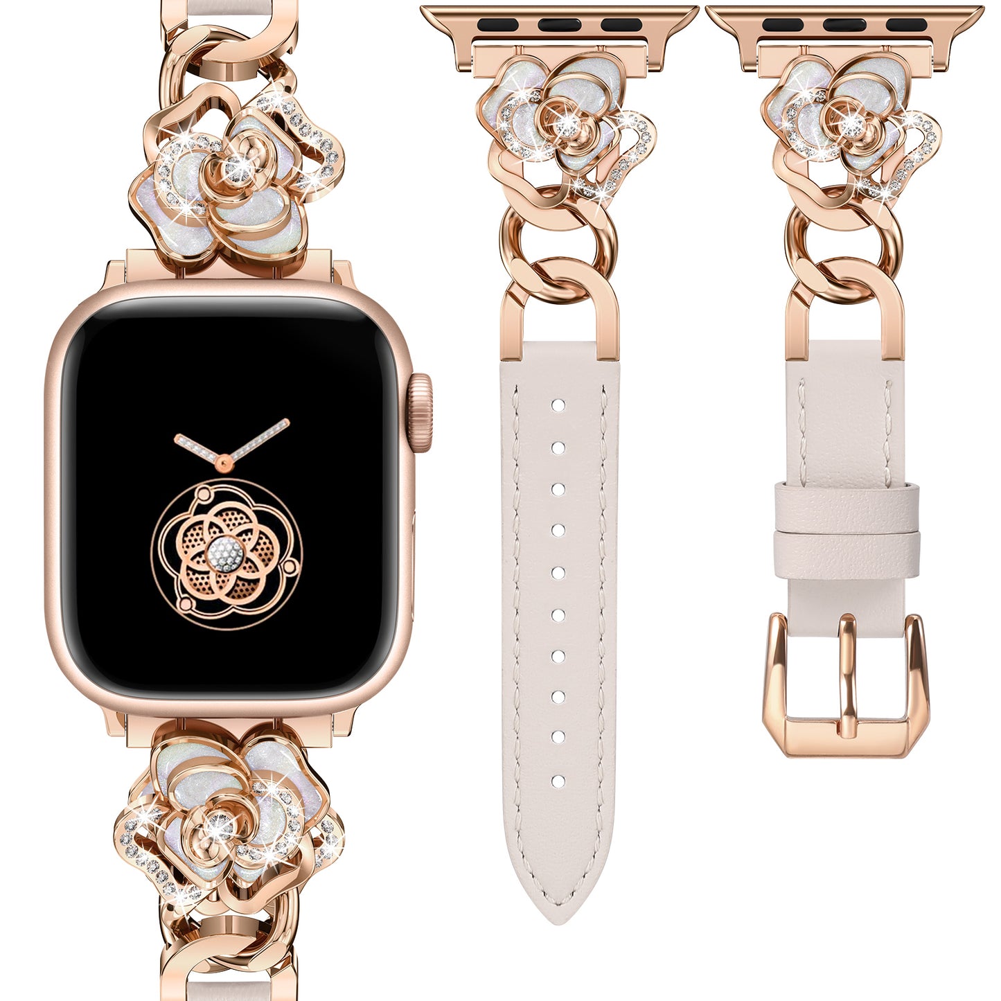 Minyee Compatible with Apple Watch Band 41/40/38/44/45/46/49/42mm Women, Dressy Slim Elegant Leather Metal Link Chain Strap with Bling Camellia Charms for iWatch Ultra 2 Series 10/9/8/7/6/5/4/3/2/1/SE