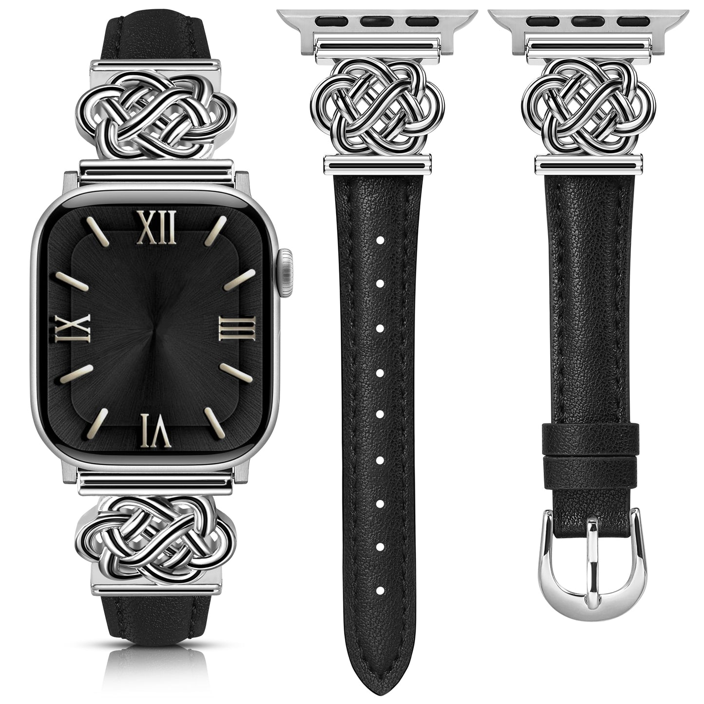 Minyee Celtic Knot Leather Band Compatible with Apple Watch Band 42/46/41/40/38/44/45/49mm Women, Dressy Slim Thin Premium Leather Adjustable Strap for iWatch Series 10 9 Ultra SE 8 7 6 5 4 3 2 1